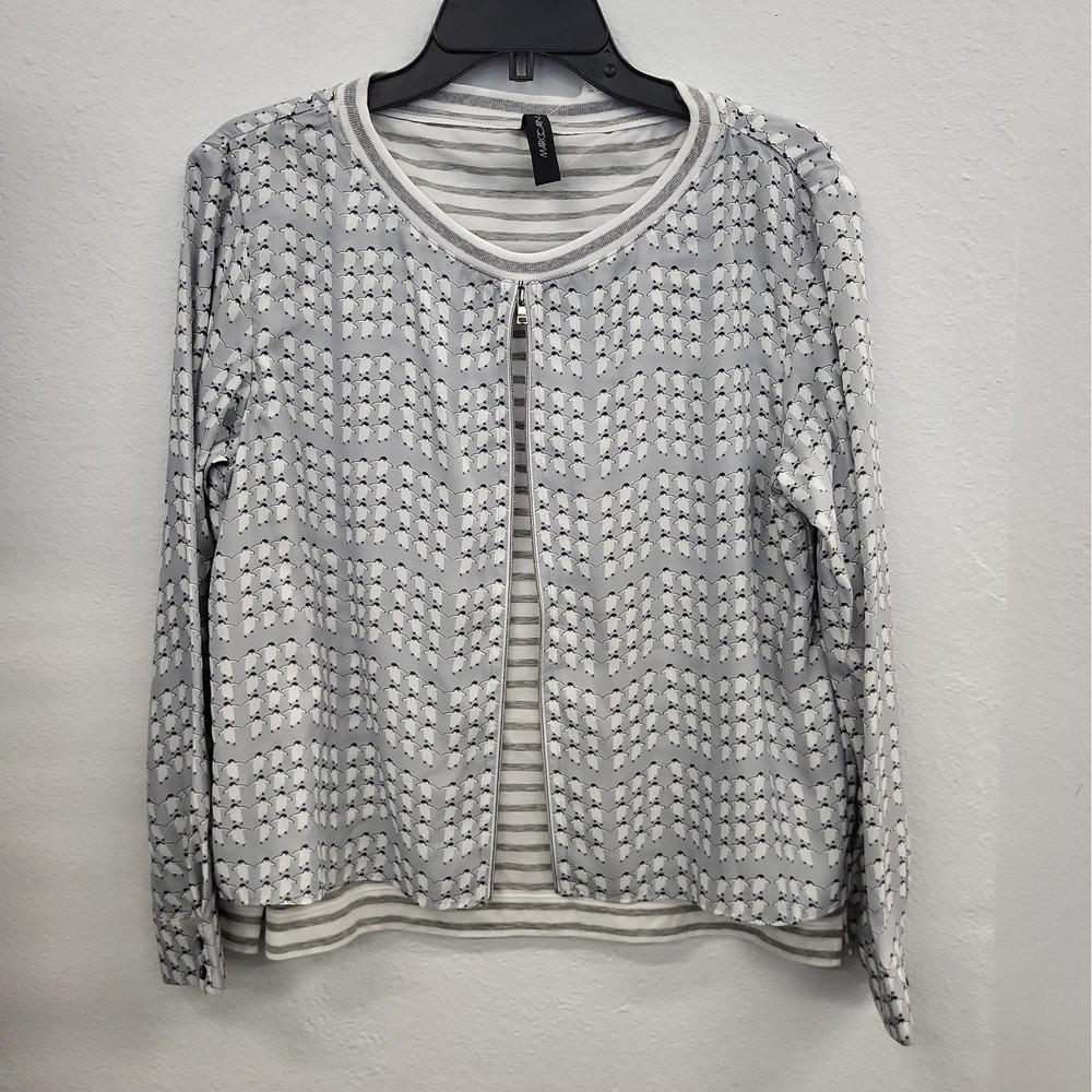 Marc Cain Pinguin Print Media Long Sleeve Light Gray Top size N4/ US 8-10